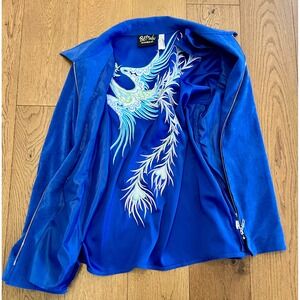 Bob Mackie Wearable Art Blue Faux Suede Phoenix Embroidered Jacket Pants Set XL